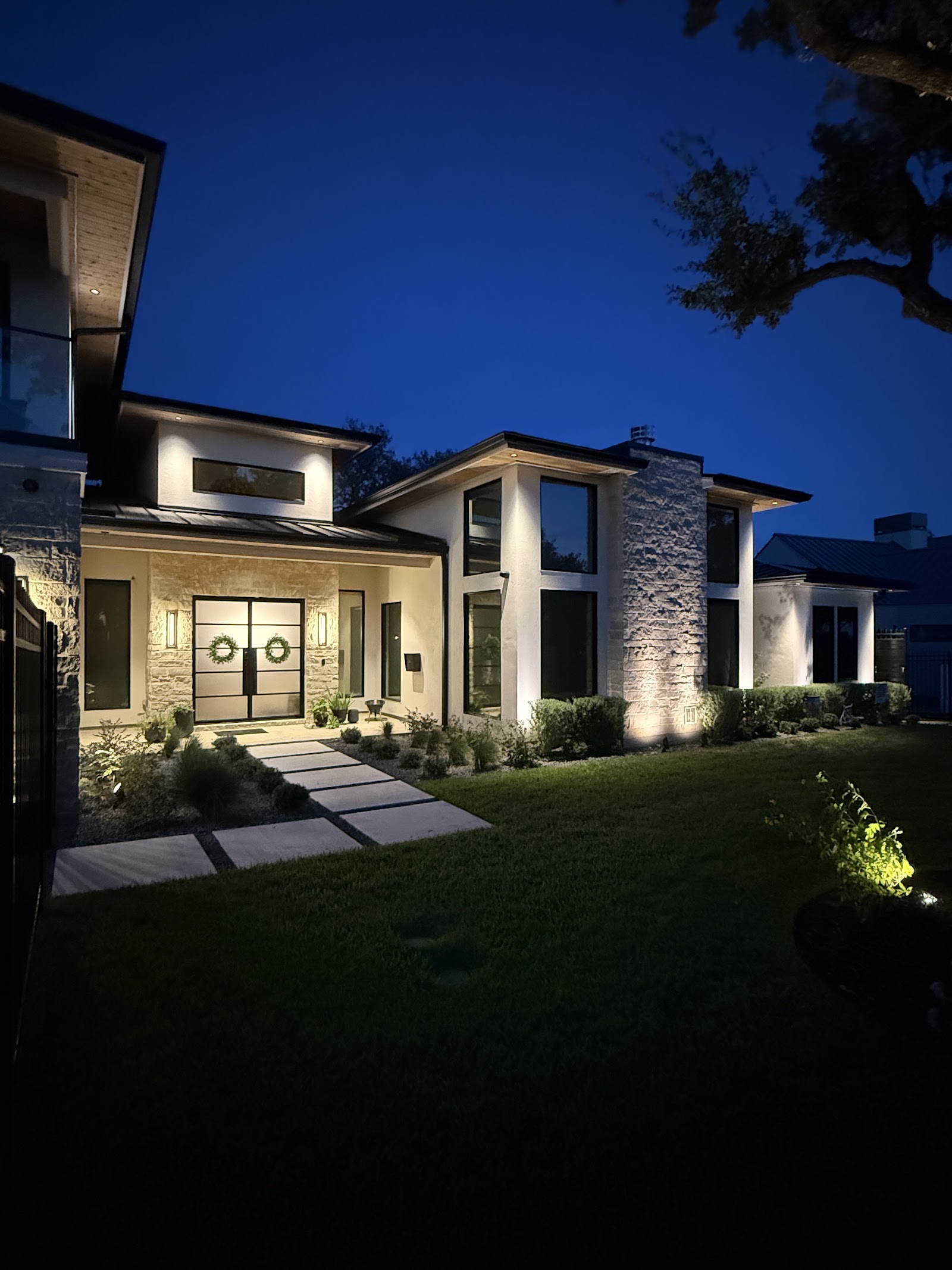 Entry and facade lighting, evening view